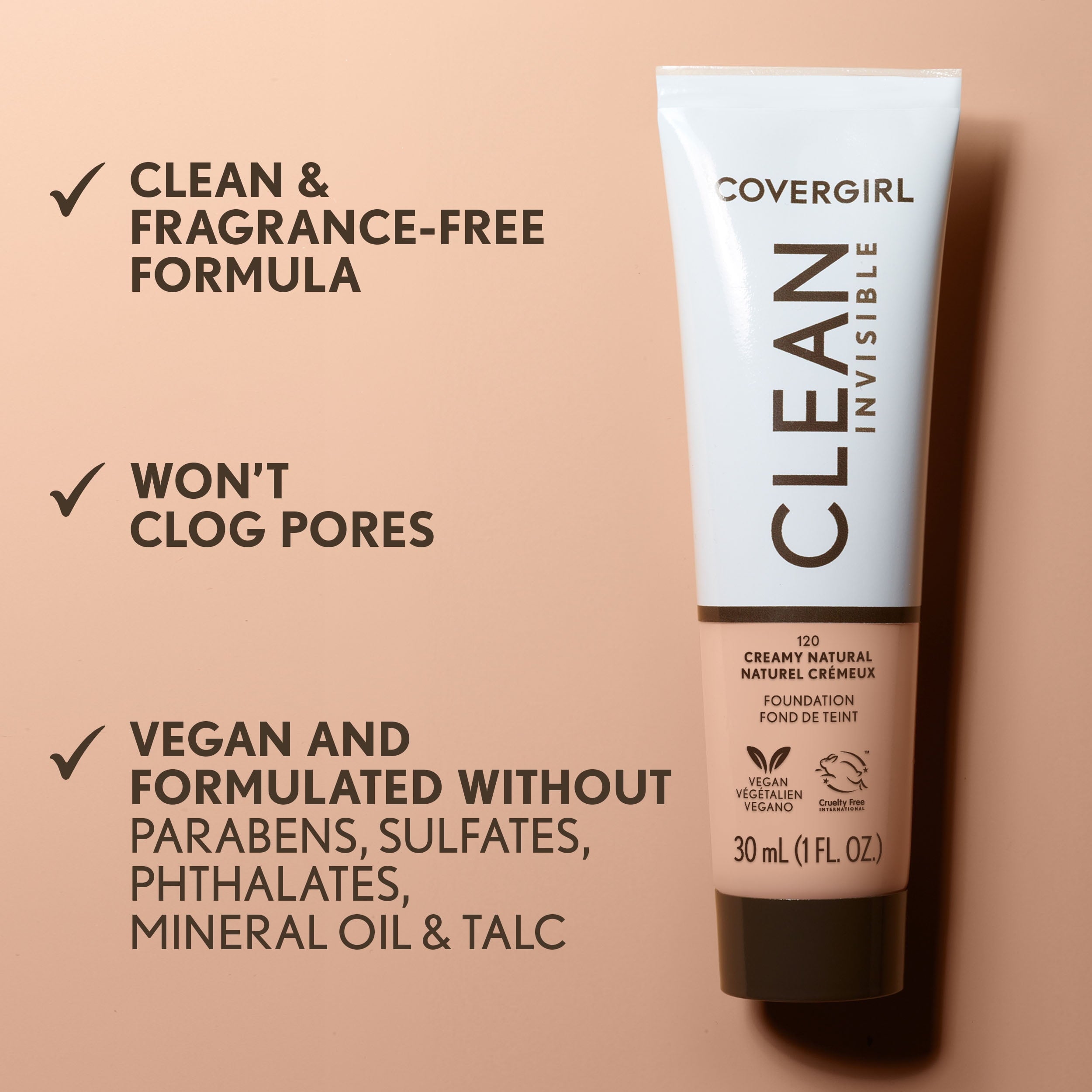 COVERGIRL Clean Invisible Liquid Foundation, 105 Ivory, 1.0 fl oz