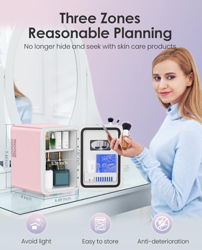 CUTIEWORLD Skincare Fridge - 4L Makeup Fridge for Refrigerating Makeup, Skincare and Food, Mini Fridge for Bedroom, Office and Car, Cooler and Warmer, Beverage Cooler, Leather Pink