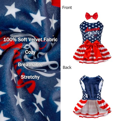 CuteBone Dog Dresses Velvet 4th of July Small Dogs Clothes Onesie Pet Apparel Girl Puppy Skirt with Bow Hair Rope