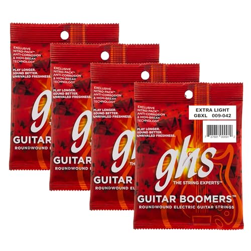 GHS Boomers Electric Guitar Strings – Nickel-Plated Steel – Bright, Balanced, Long-Lasting Tone – Smooth Feel & Stable Tuning – USA Made – Extra Light Gauge 09-42 (GBXL Set) - 4 PACK