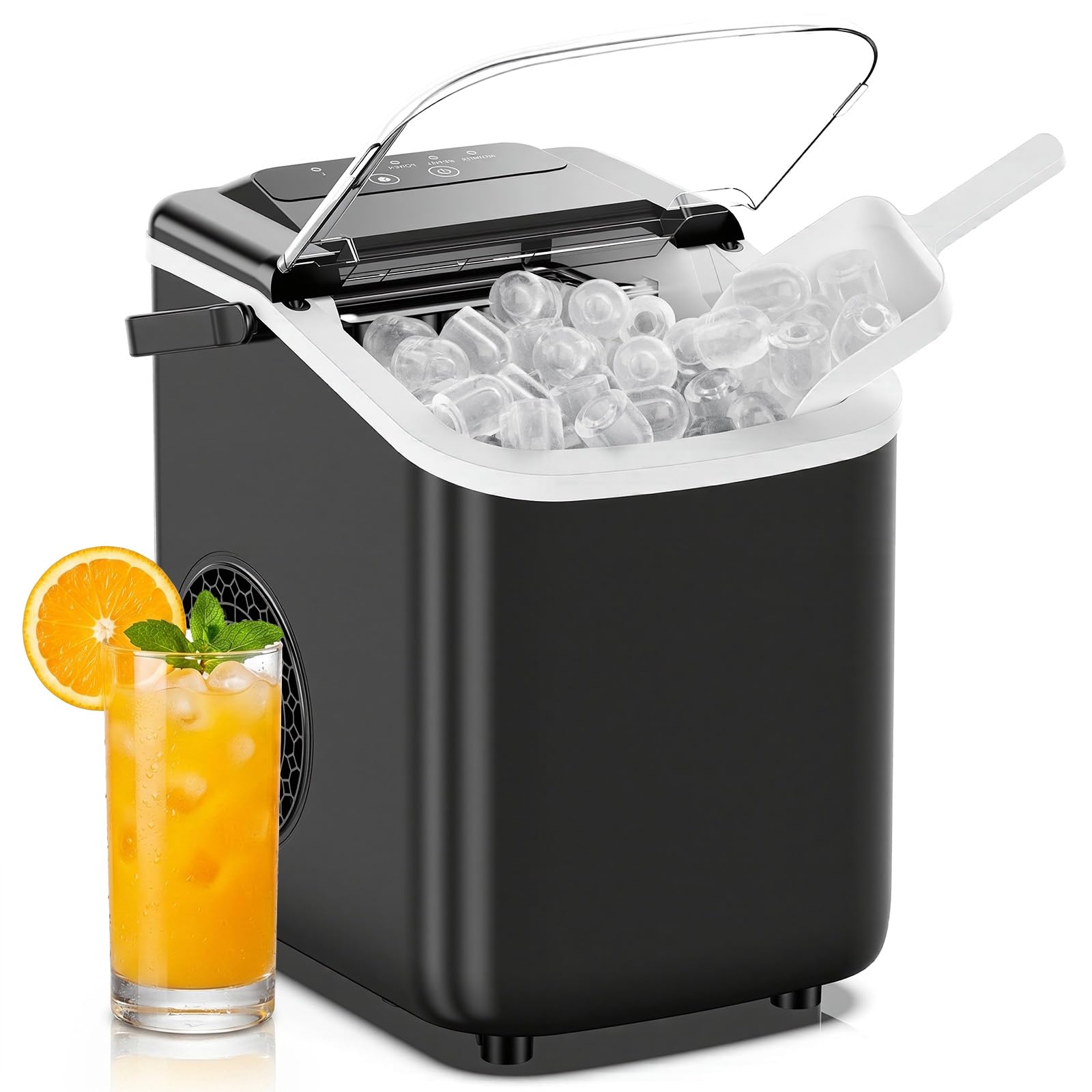 DUMOS Ice Maker Countertop, Ice Machine with Portable Handle, Basket and Scoop, 26lbs Daily, 9 Bullet Cubes in 6-8 Mins, Auto