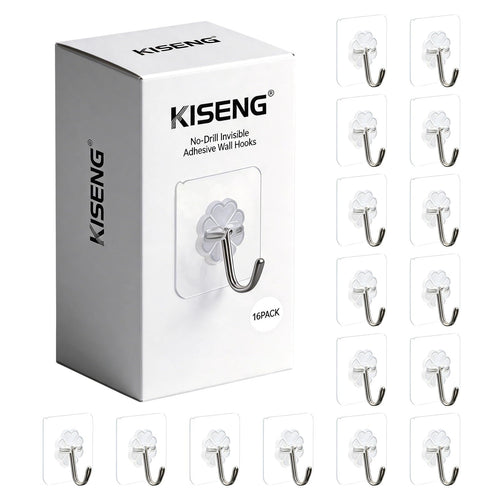 16 Pack Crystal Clear Adhesive Hooks for Hanging, Heavy Duty 22lb Sticky Hooks, Invisible Clear Wall Hooks No Drill No Damage, Waterproof Shower Hooks for Bathroom Kitchen Towel Keys