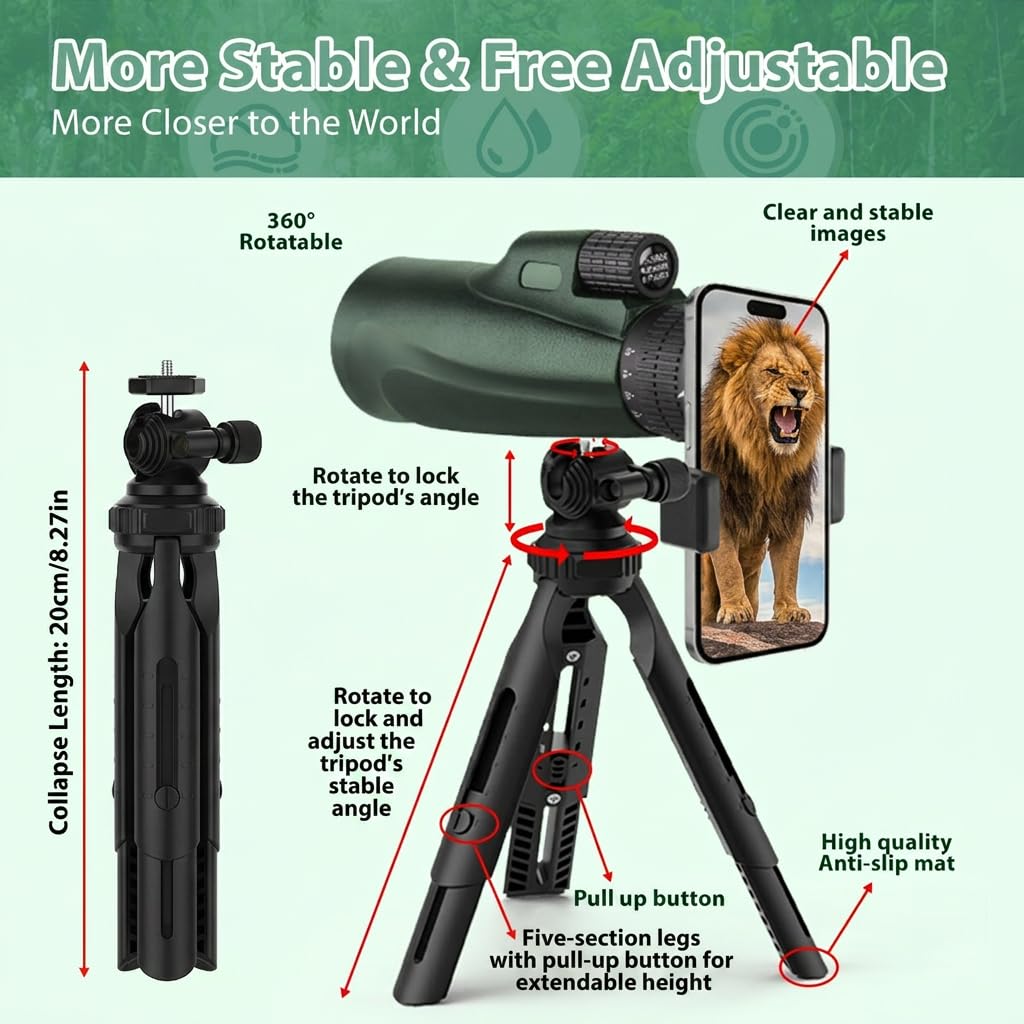 Monocular Telescope 80 x 100 High Powered Monoculars for Adults with Tripod, Monocular for Smartphone Suitable for Bird Watching Larger Vision Monoculars for Adults with BAK4 Prism & FMC Lens Green