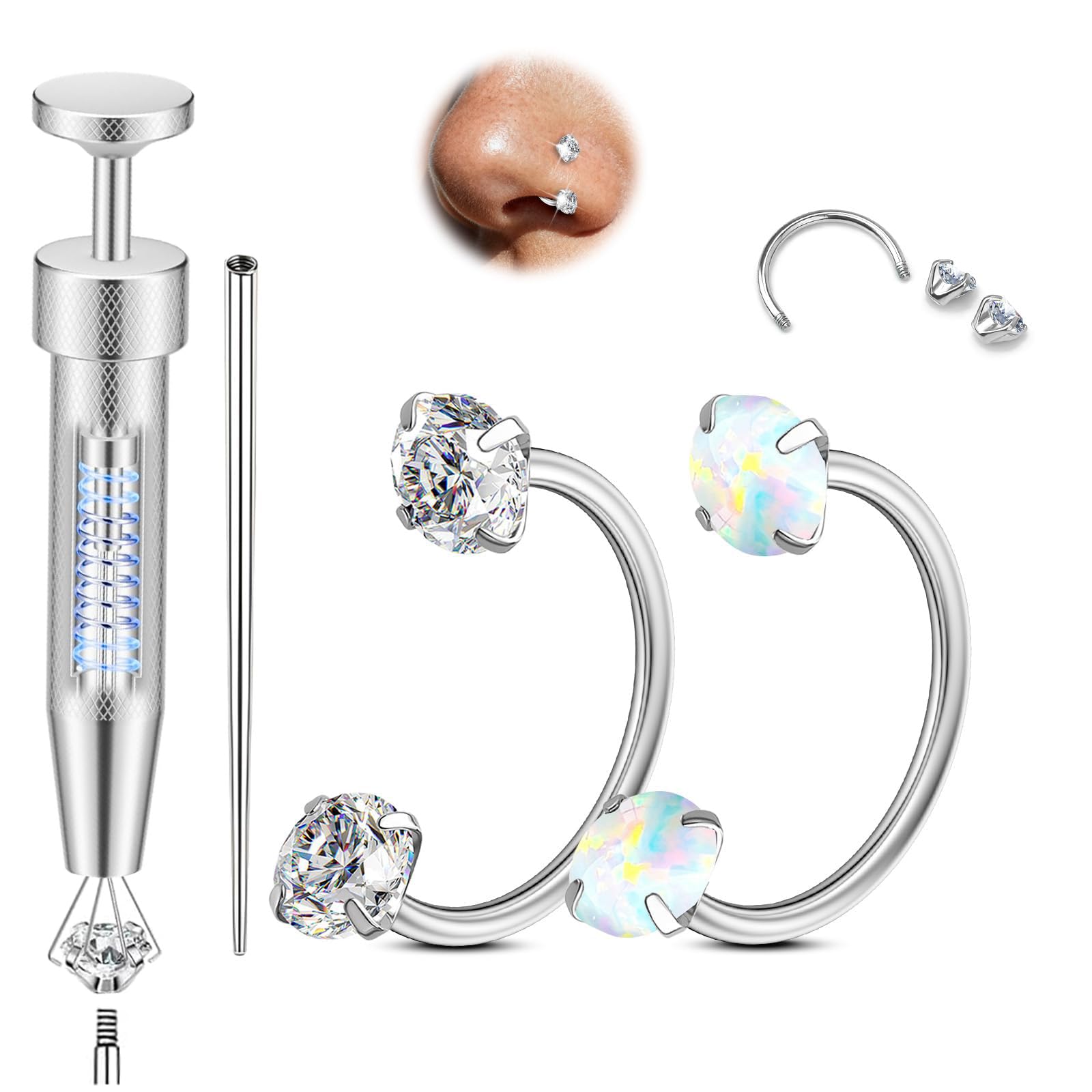 Opal Nose Ring Studs Horseshoe Nose Rings Hoops Stud 316L Stainless Steel Nose Rings Round CZ Square Screw L Shaped Nose Stud