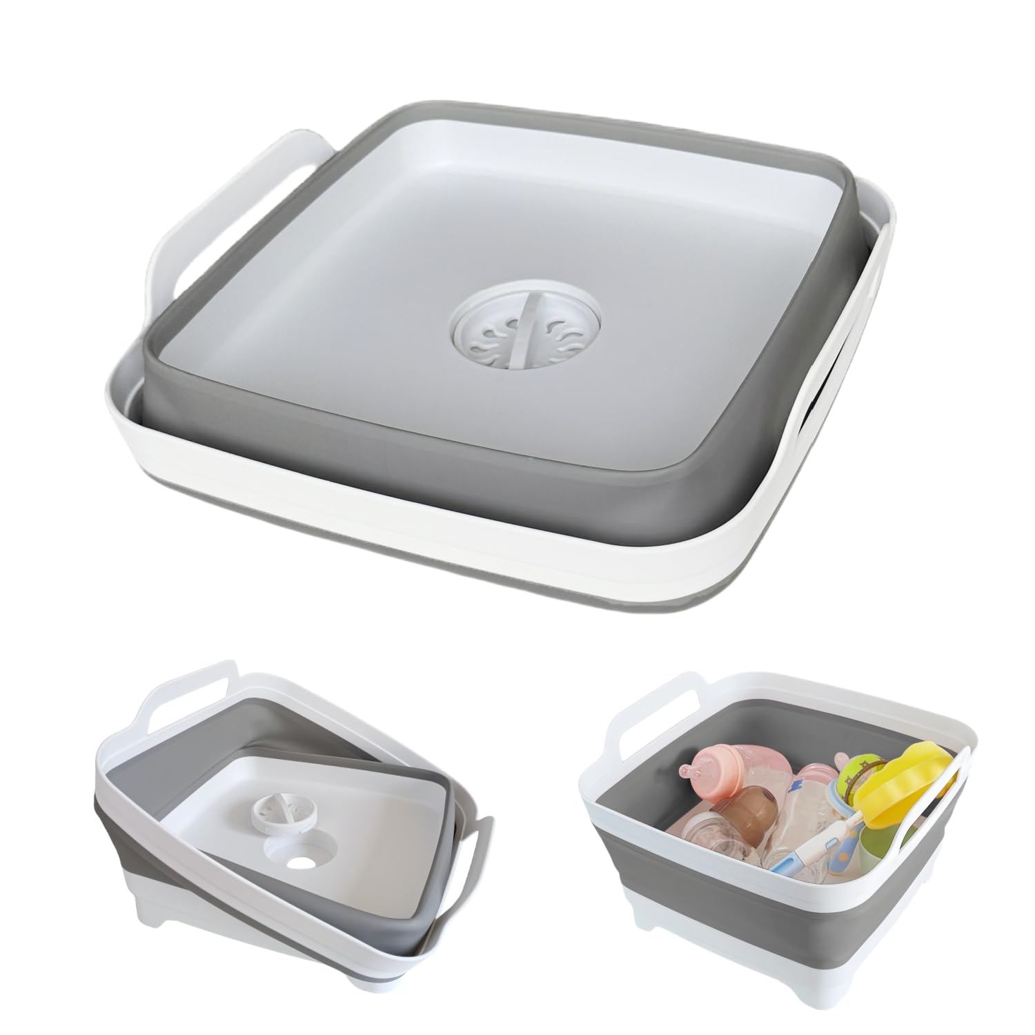 GIMWA Collapsible Wash Basin with Drain Plug - 2.4 Gallon Foldable Kitchen Sink for Baby Bottles, RV Camping, Space-Saving Di