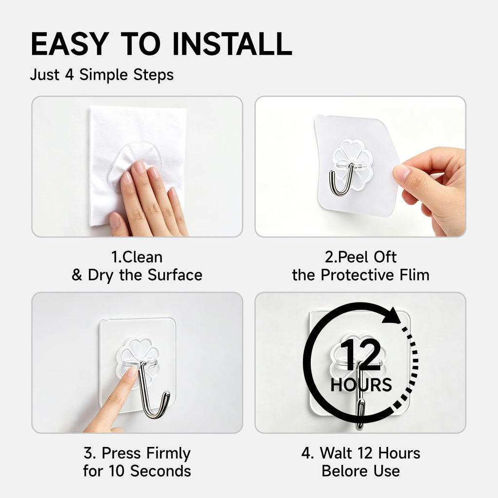 16 Pack Crystal Clear Adhesive Hooks for Hanging, Heavy Duty 22lb Sticky Hooks, Invisible Clear Wall Hooks No Drill No Damage, Waterproof Shower Hooks for Bathroom Kitchen Towel Keys