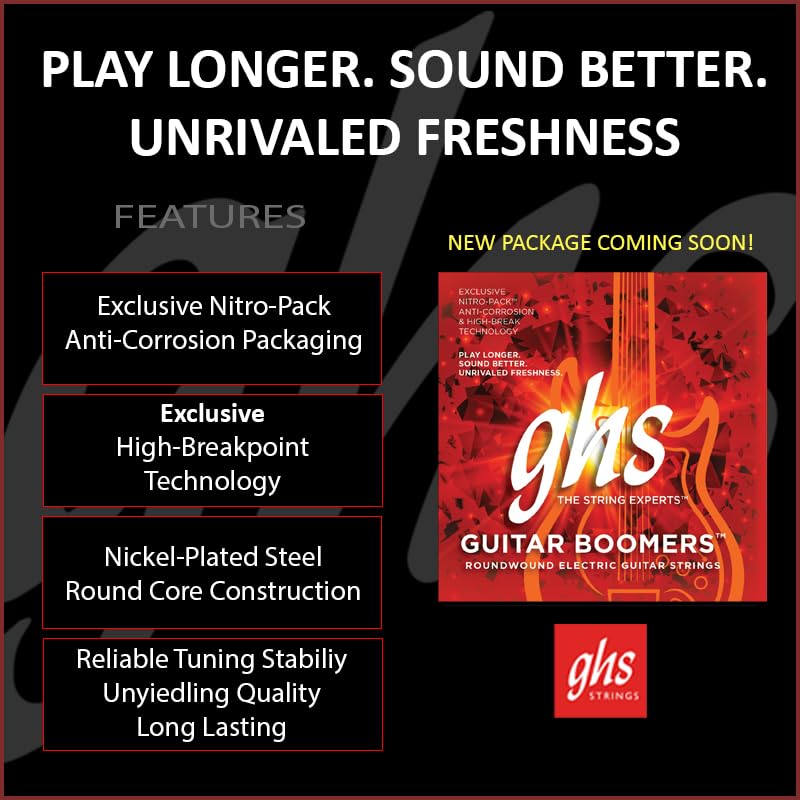 GHS Boomers Electric Guitar Strings – Nickel-Plated Steel – Bright, Balanced, Long-Lasting Tone – Smooth Feel & Stable Tuning – USA Made – Extra Light Gauge 09-42 (GBXL Set) - 4 PACK