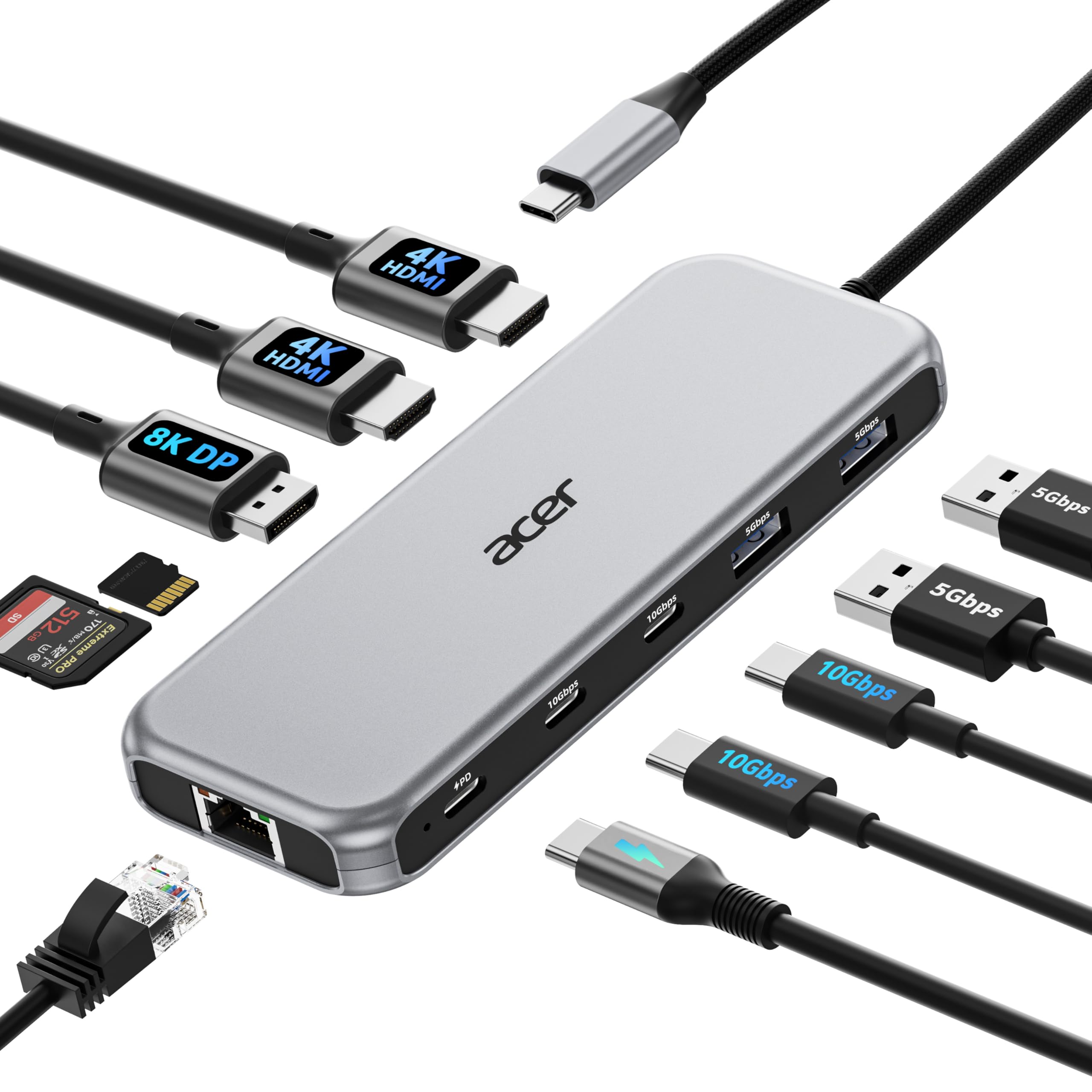 Acer Laptop Docking Station 3 Monitors, 11-in-1 USB C Docking Station with 8K DP, HDMI 4K@60Hz, 10Gbps Data, 1 Gbps Ethernet