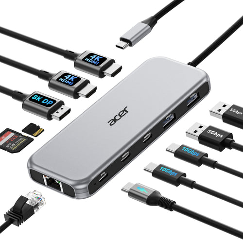 Acer Laptop Docking Station 3 Monitors, 11-in-1 USB C Docking Station with 8K DP, HDMI 4K@60Hz, 10Gbps Data, 1 Gbps Ethernet