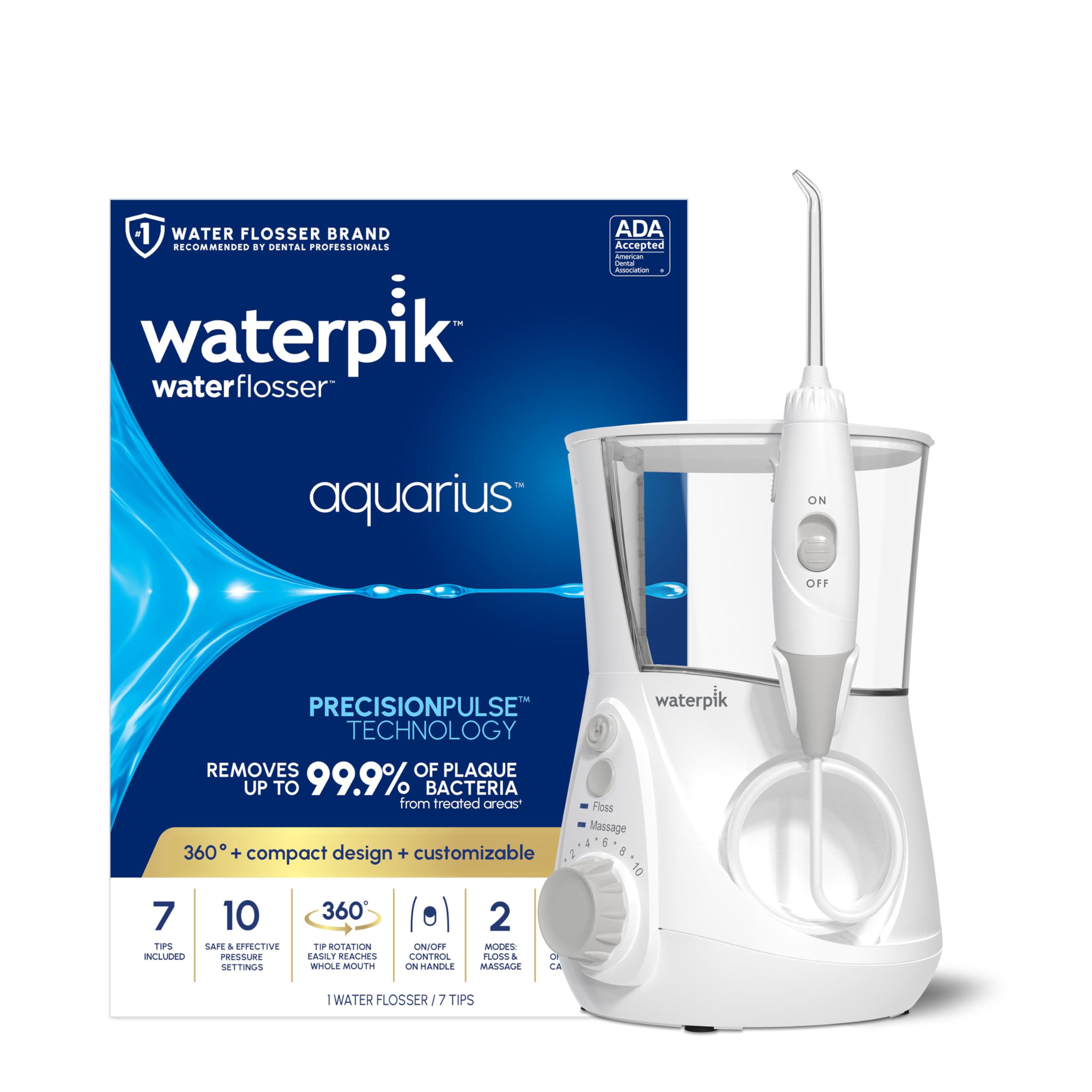 Waterpik Aquarius Water Flosser For Teeth Cleaning, Gums, Braces, Dental Care, Electric Power With 10 Settings, 7 Tips For Mu