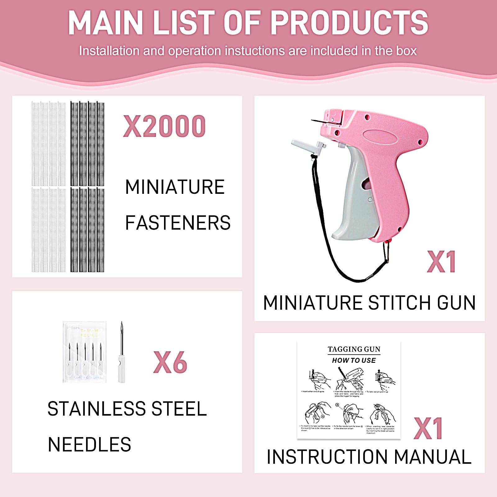 2026 New Stitch Gun for Clothes, Handheld Quick Clothing Fixer Sewing Kit with 1000 Black & 1000 White Fasteners, 6 Replacement Needles, Pink