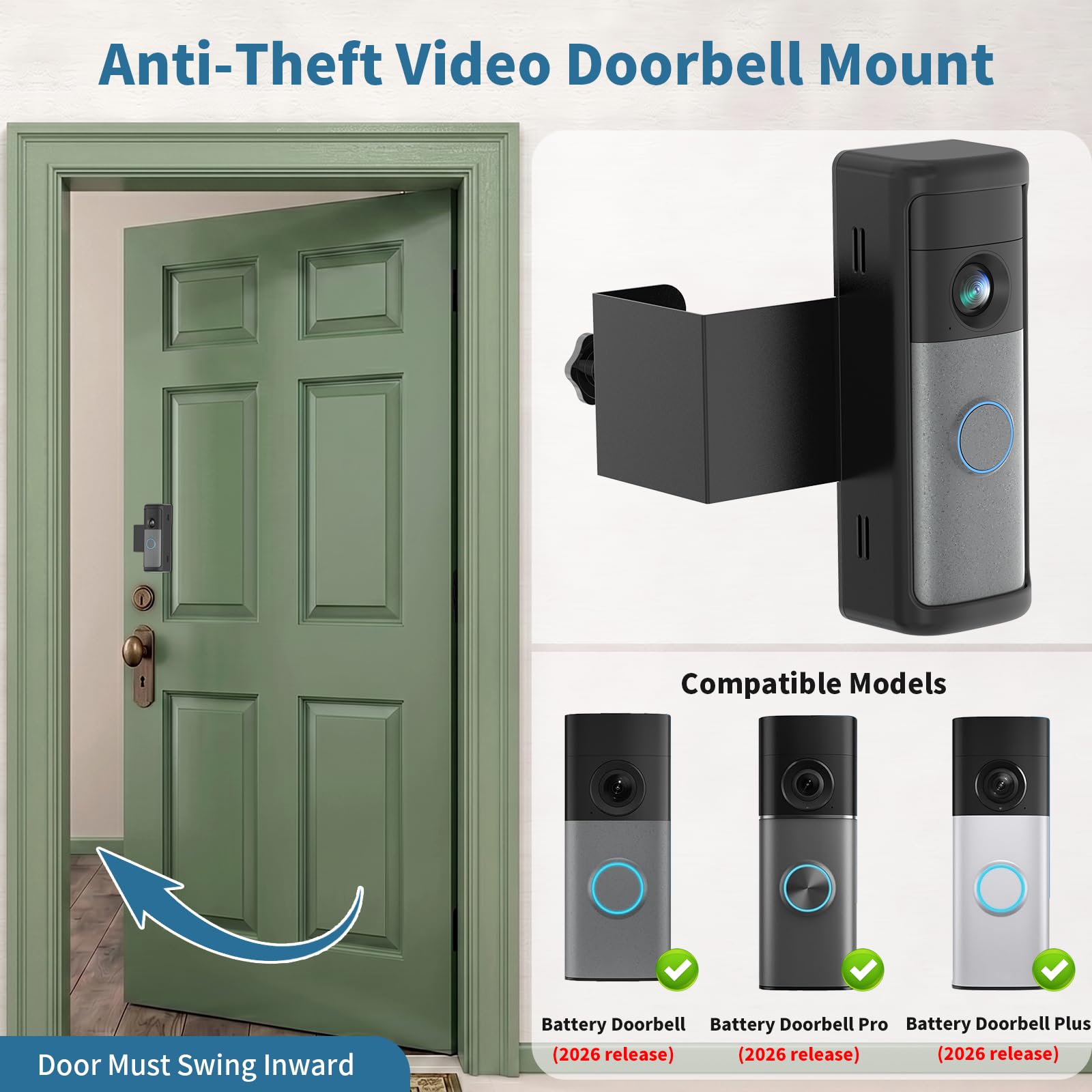 Anti-Theft Ring Doorbell Mount Compatible with Battery Doorbell/Pro/Plus(2nd Gen), No-Drill Doorbell Mounting Bracket Accessories for Inward Swing Door 2026(newest model)