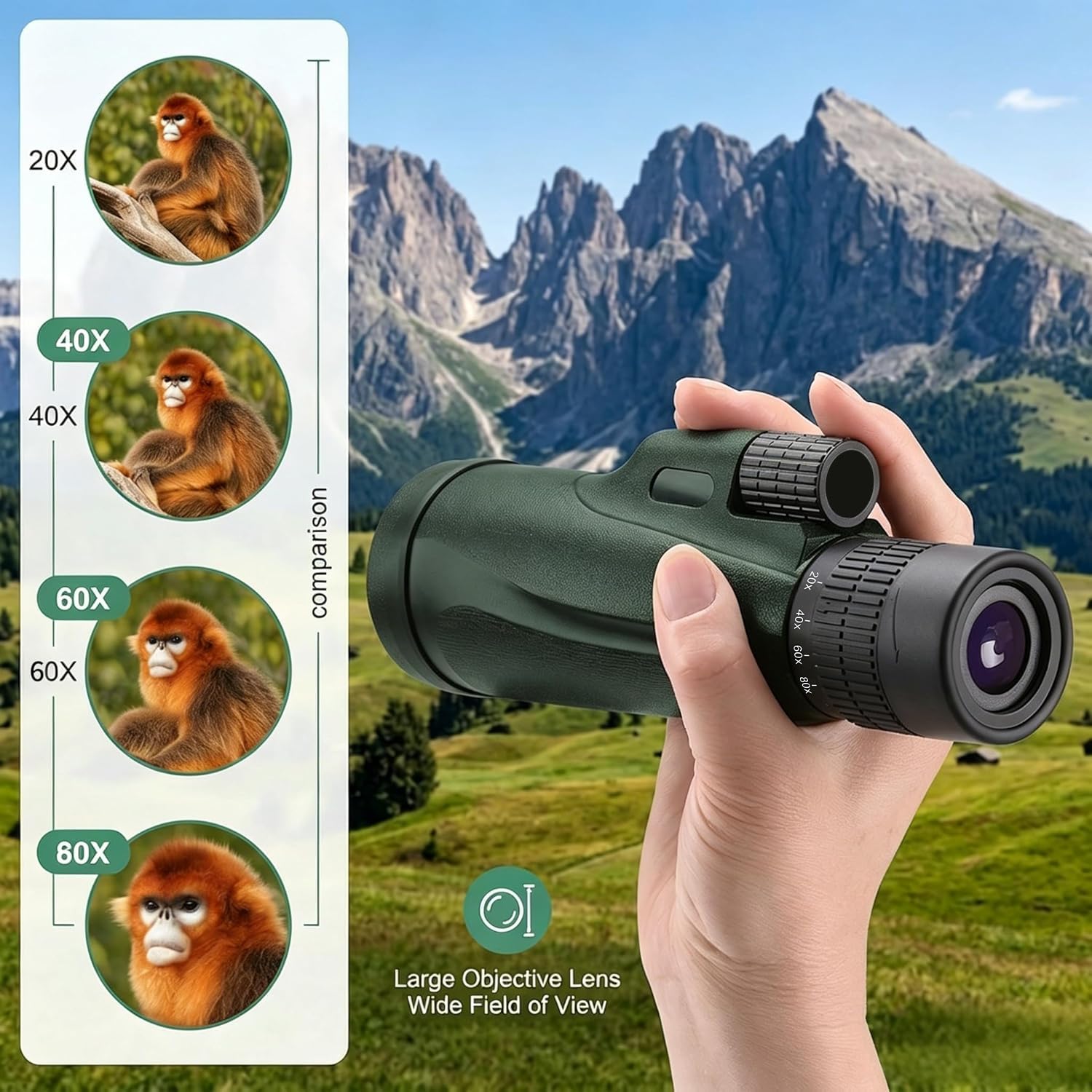 Monocular Telescope 80 x 100 High Powered Monoculars for Adults with Tripod, Monocular for Smartphone Suitable for Bird Watching Larger Vision Monoculars for Adults with BAK4 Prism & FMC Lens Green
