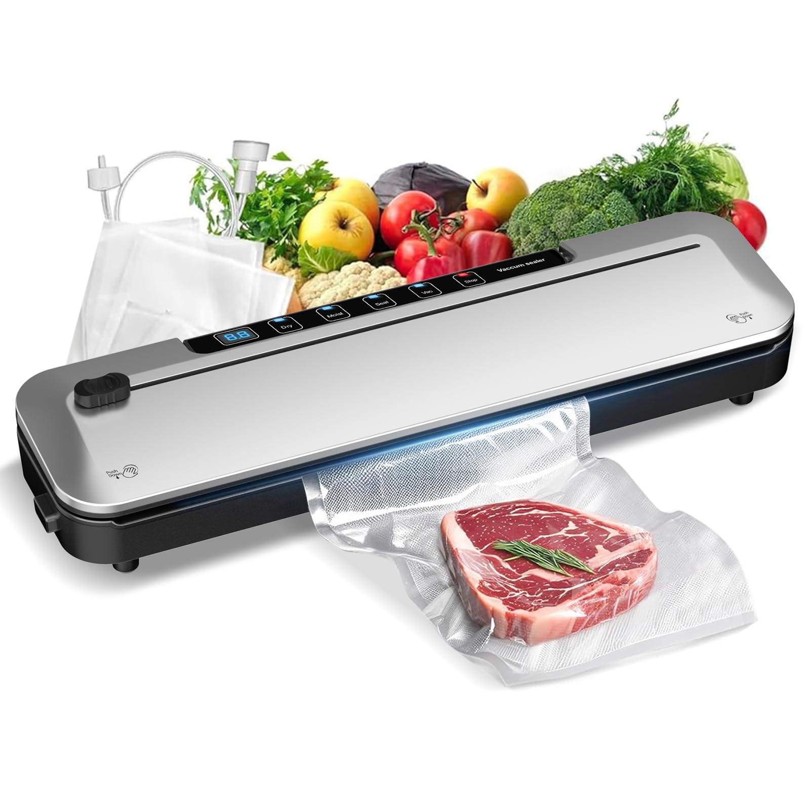 Vacuum Sealer Machine 75KPa Food with 6-in-1 Dry/Moist Modes & Digital Timer, Compact Lightweight Design, Built-in Cutter + 1