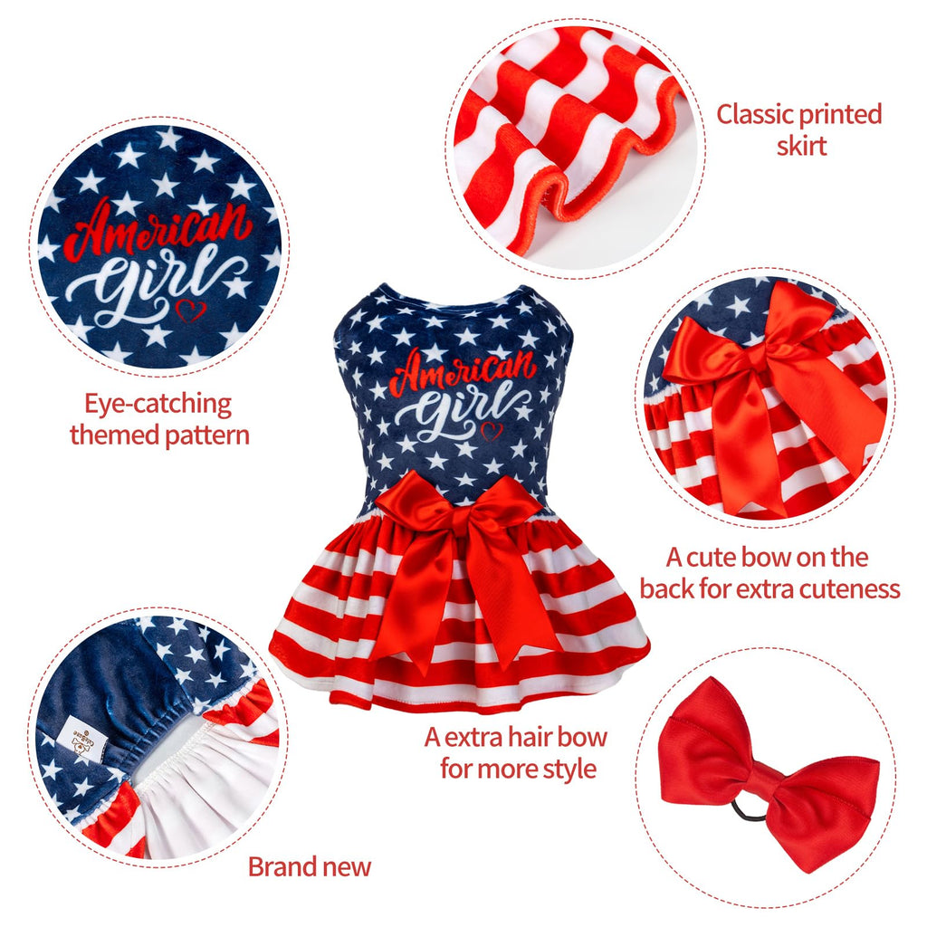 CuteBone Dog Dresses Velvet 4th of July Small Dogs Clothes Onesie Pet Apparel Girl Puppy Skirt with Bow Hair Rope