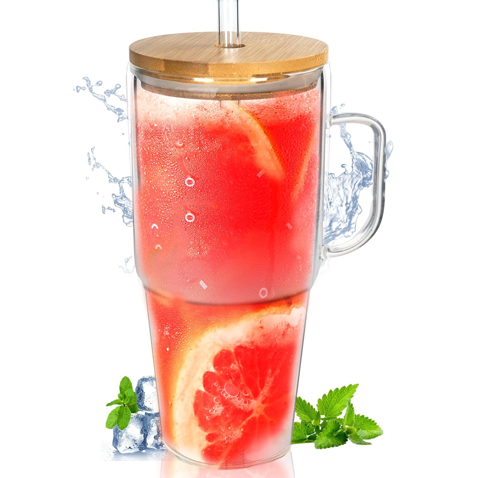 ANOTION Glass Cups with Lids and Straws - 40 Oz Tumbler with Handle and Straw Glass Water Bottles Drinking Glasses with Straw