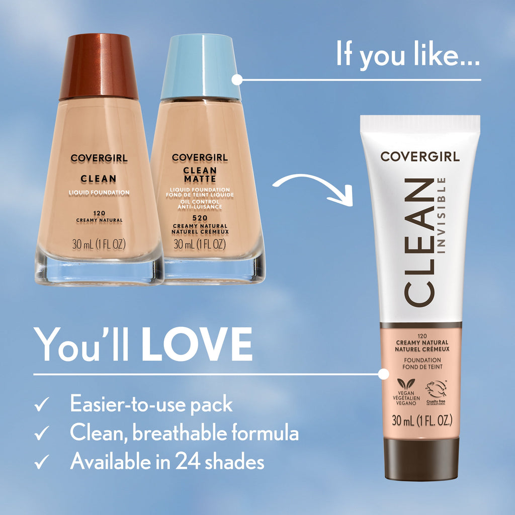 COVERGIRL Clean Invisible Liquid Foundation, 100 Fair Porcelain, 1.0 fl oz