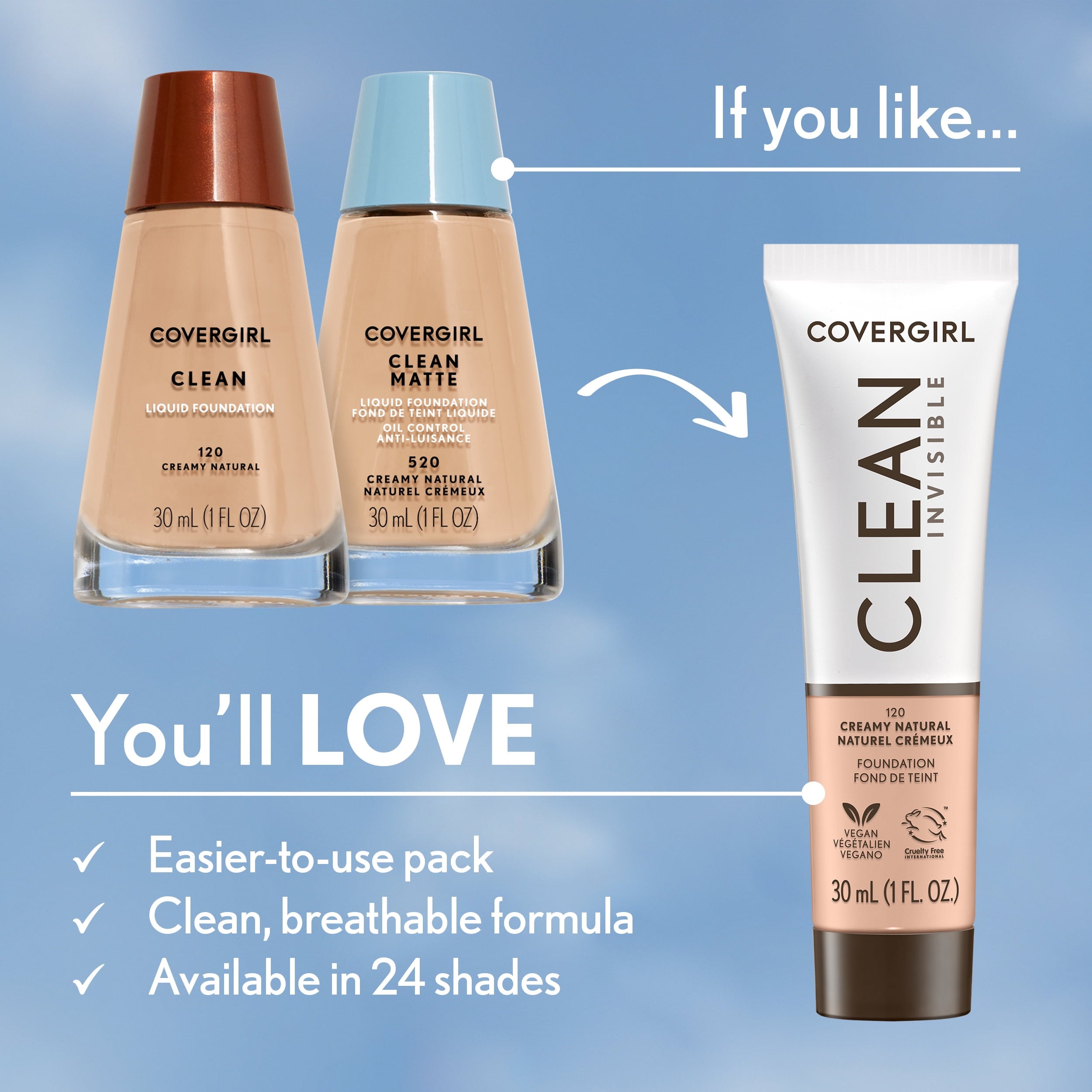COVERGIRL Clean Invisible Liquid Foundation, 100 Fair Porcelain, 1.0 fl oz