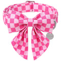 UP URARA PUP Pink Plaid Bowtie Dog Collar - Summer Comfortable Cotton Collar With Metal Buckle for Puppy Boy Girl, M