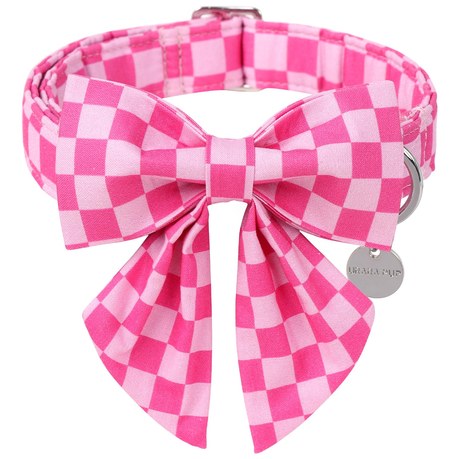 UP URARA PUP Pink Plaid Bowtie Dog Collar - Summer Comfortable Cotton Collar With Metal Buckle for Puppy Boy Girl, M