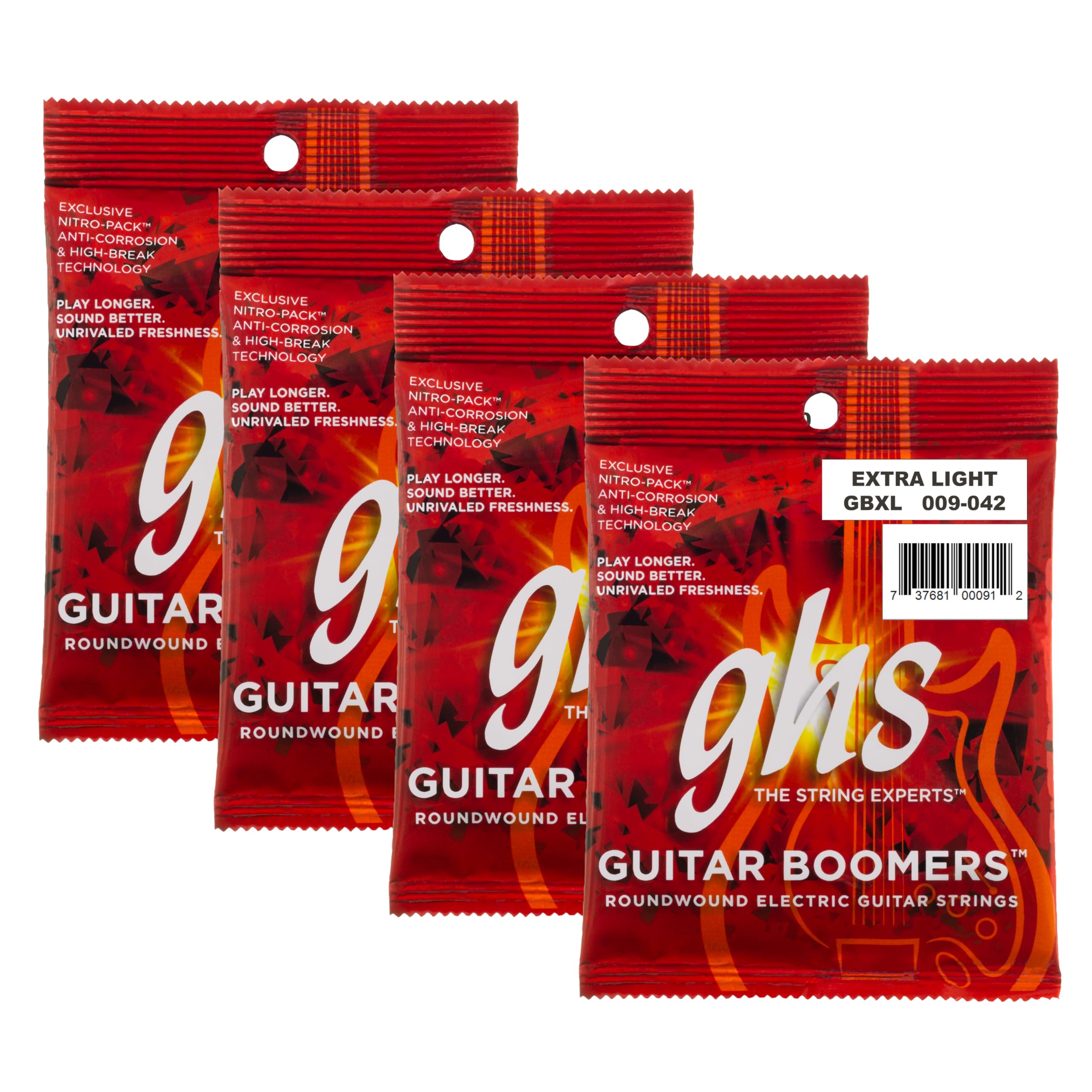 GHS Boomers Electric Guitar Strings – Nickel-Plated Steel – Bright, Balanced, Long-Lasting Tone – Smooth Feel & Stable Tuning – USA Made – Extra Light Gauge 09-42 (GBXL Set) - 4 PACK