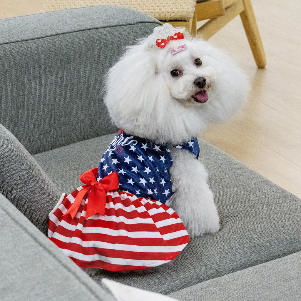CuteBone Dog Dresses Velvet 4th of July Small Dogs Clothes Onesie Pet Apparel Girl Puppy Skirt with Bow Hair Rope