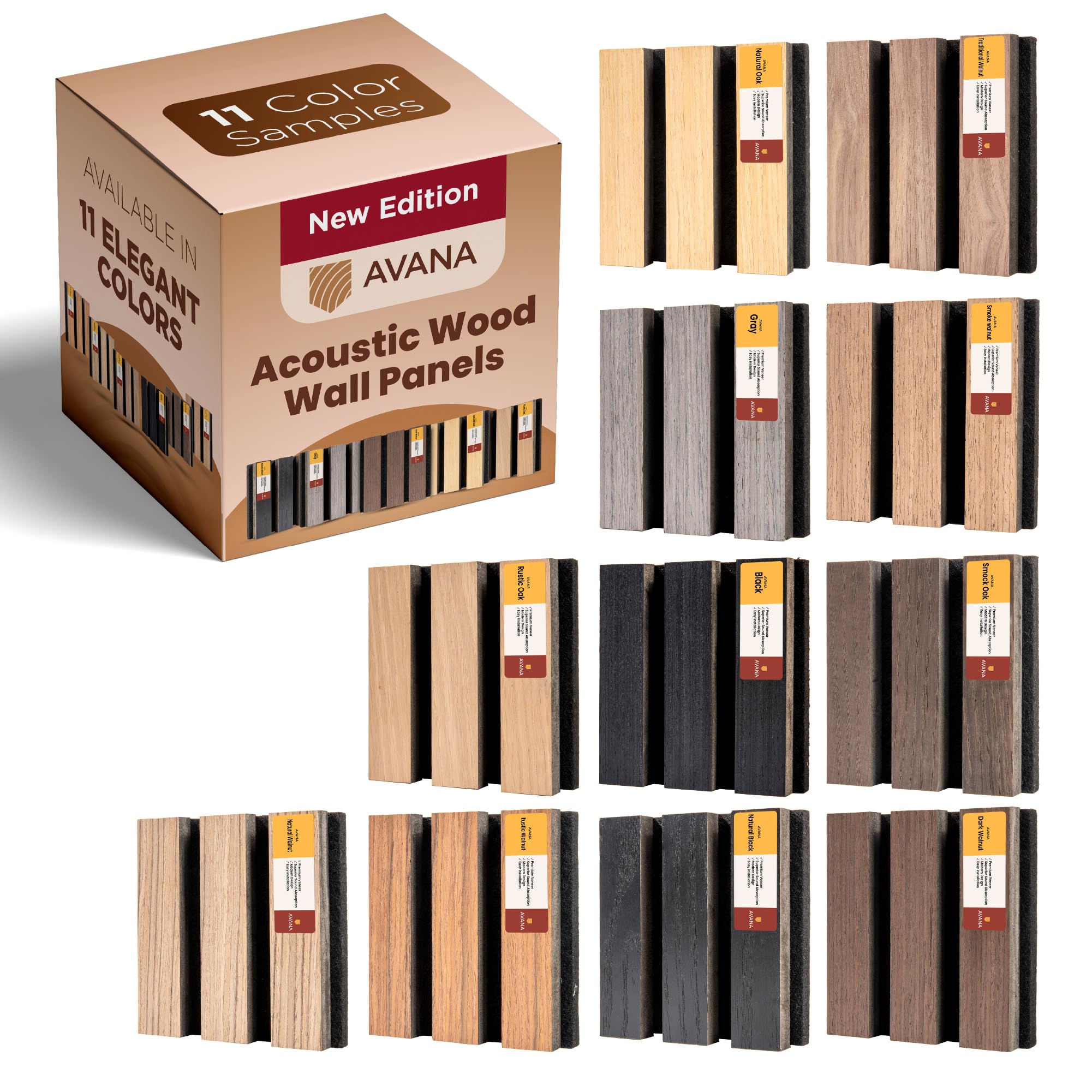 Avana Acoustic Wall Panels Color Samples Pack - Premium Wood Panels for Wall Decor - Interior Sound Proofing and Acoustic Panels