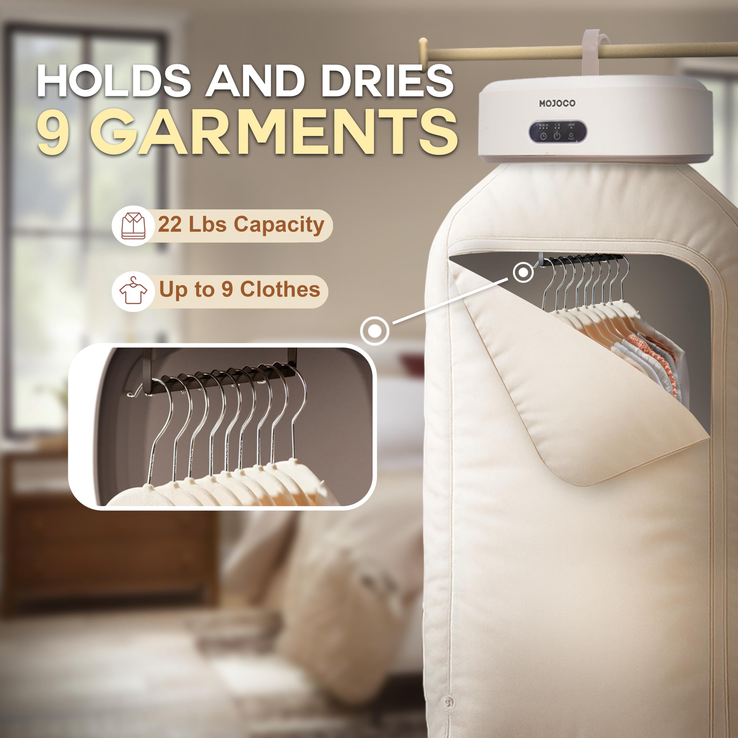 MOJOCO Portable Clothes Dryer - Mini/Compact Dryer for Apartment, RV, Travel - Small Quiet Fast-Drying Machine with Adjustable Timer & Hassle-Free Setup