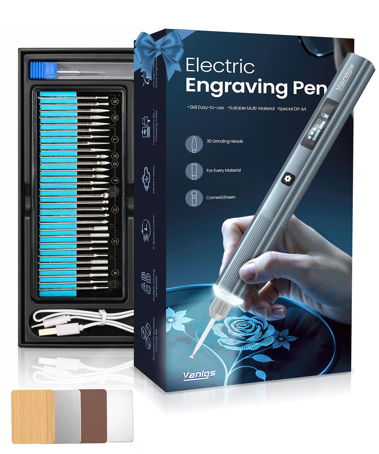 Vanlgs Engraving Pen for Metal, Wood, Glass, Plastic, Cordless DIY Etching Tool with LED Light, 5 Variable Speed, Rechargeabl