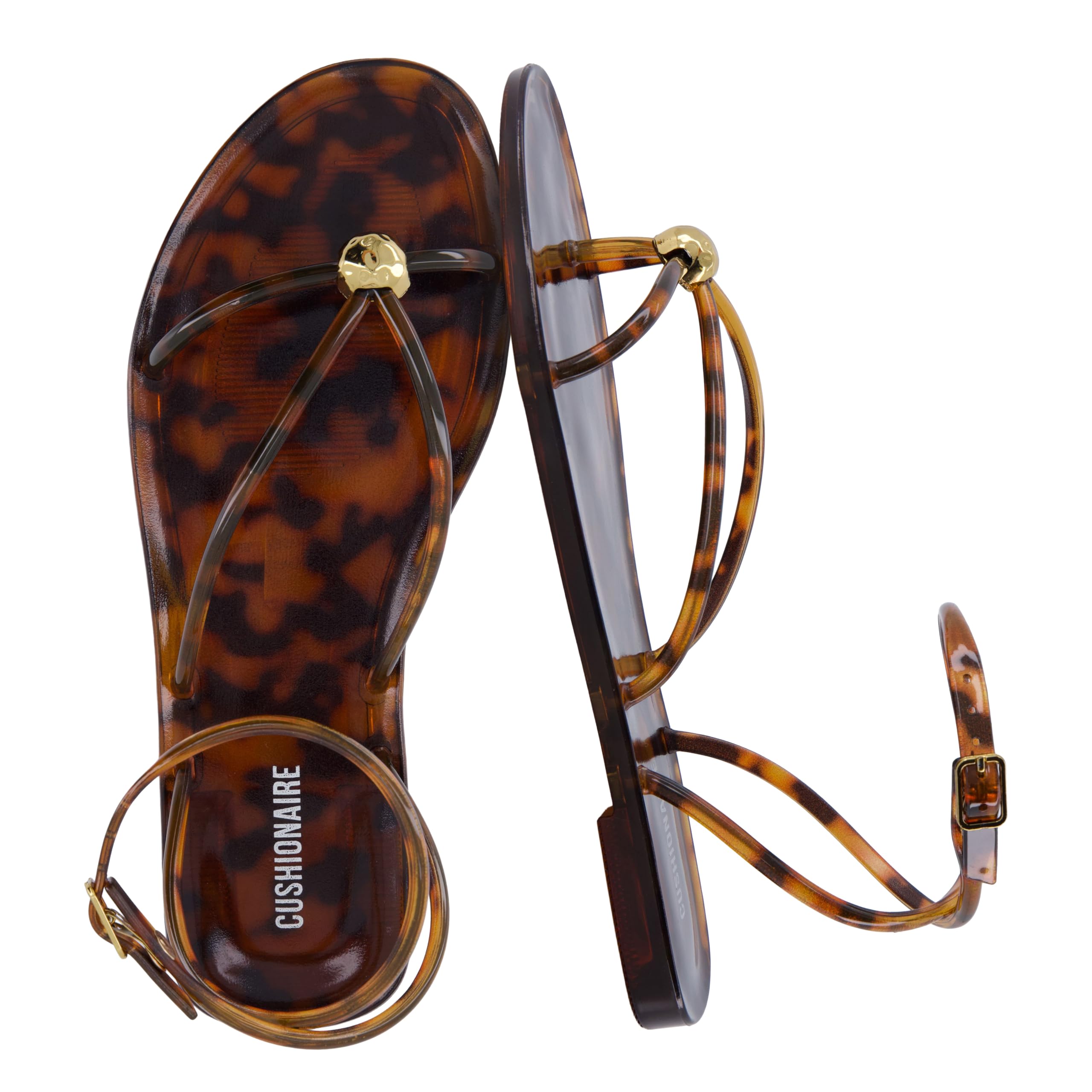 CUSHIONAIRE Vita Jelly Sandals for Women, Casual Lightweight Womens Strappy Sandals with Adjustable Buckle Strap and Gold Har