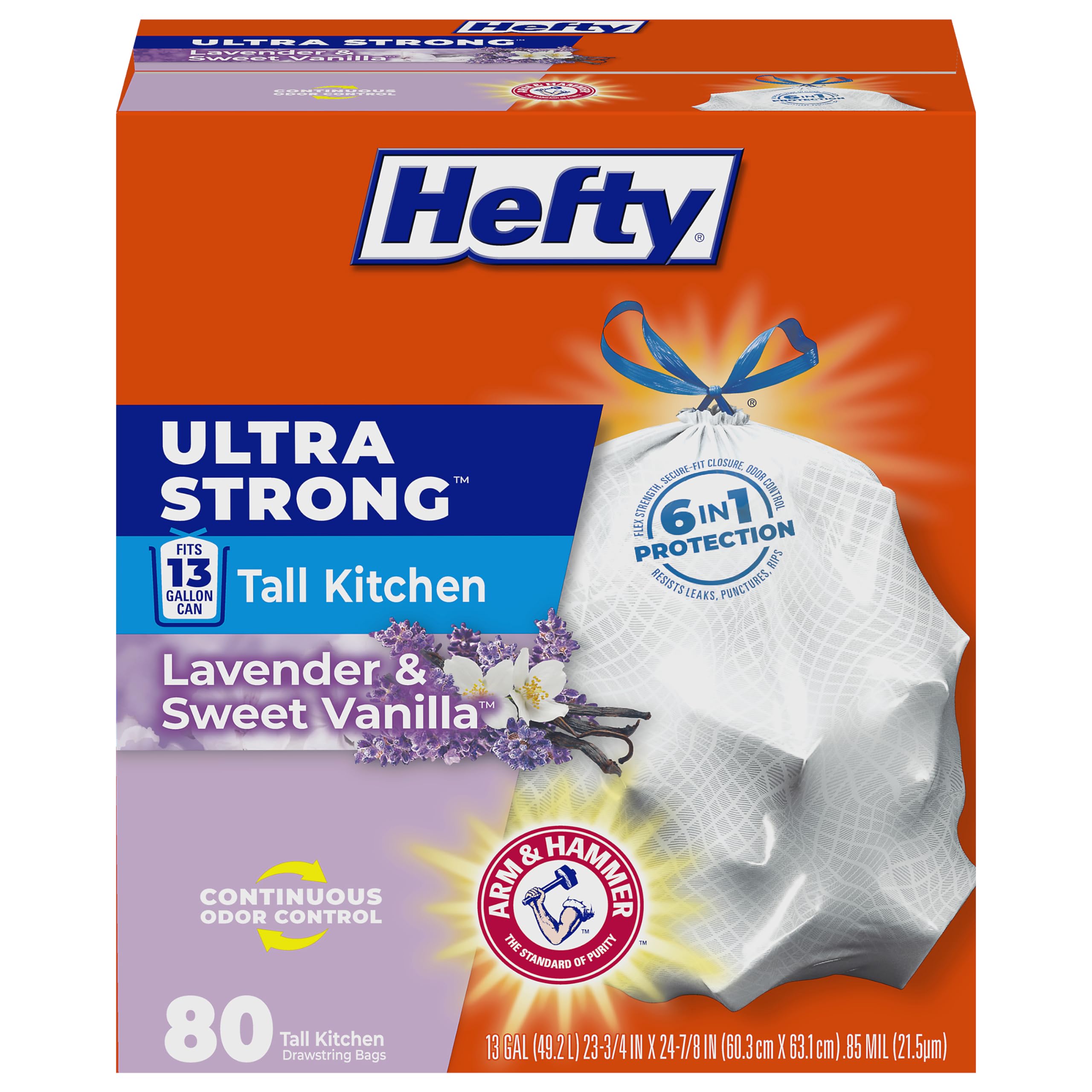 Hefty Ultra Strong 13 Gallon Trash Bags, Tall Kitchen, Drawstring Closure, Odor Control, White, Lavender, Sweet Vanilla, 80 C