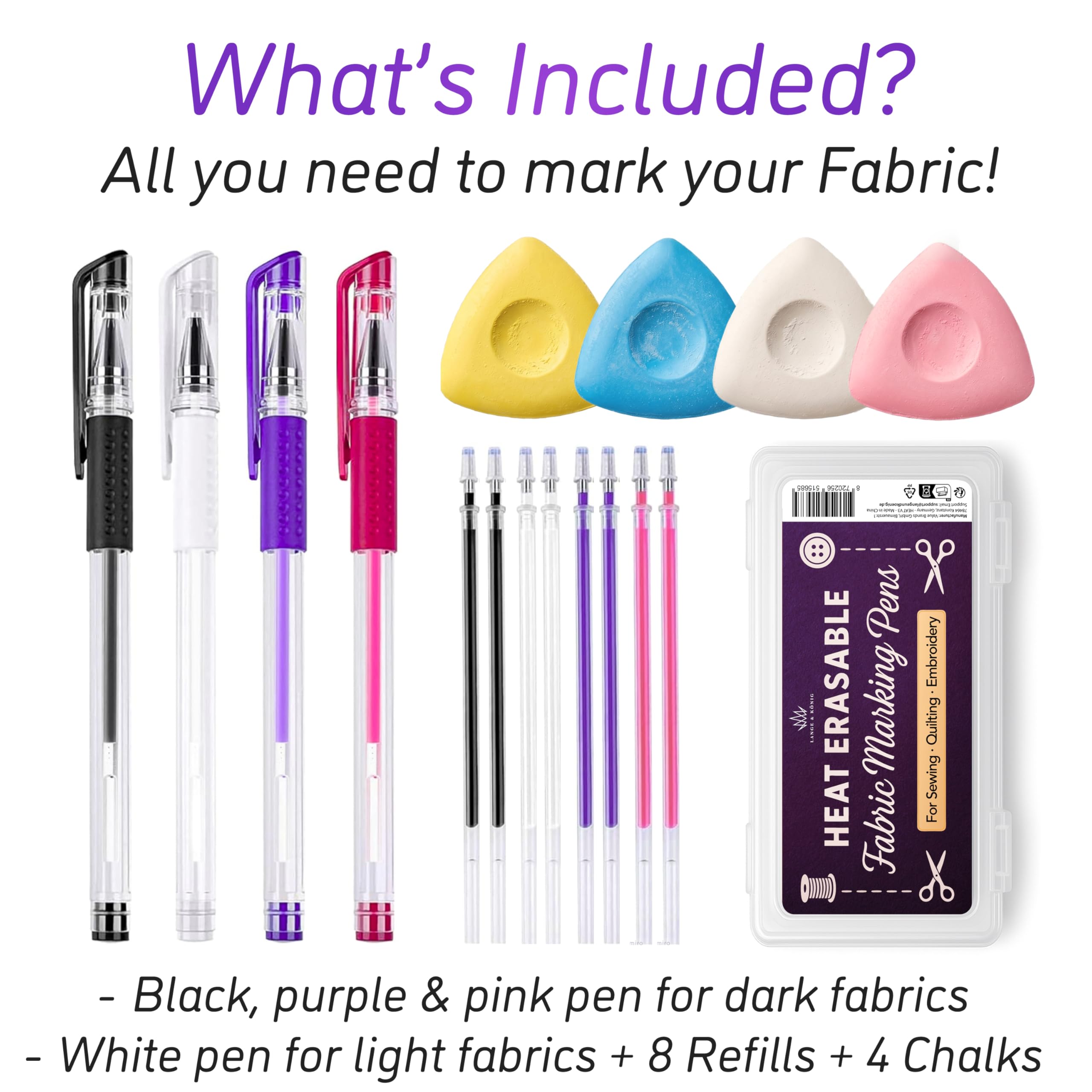 Lange & König 4x Tailors Chalk + Heat Erasable Fabric Marking Pens for Sewing - Sewing Supplies Quilting Supplies Table Accessories Embroidery Pen Tailors Chalk Alternative