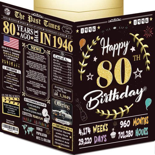 80th Birthday Card for Women Men - Back In 1946 Black & Gold - 80 Happy BIRTHDAY card - 80th birthday gift for Her Him - JUMB