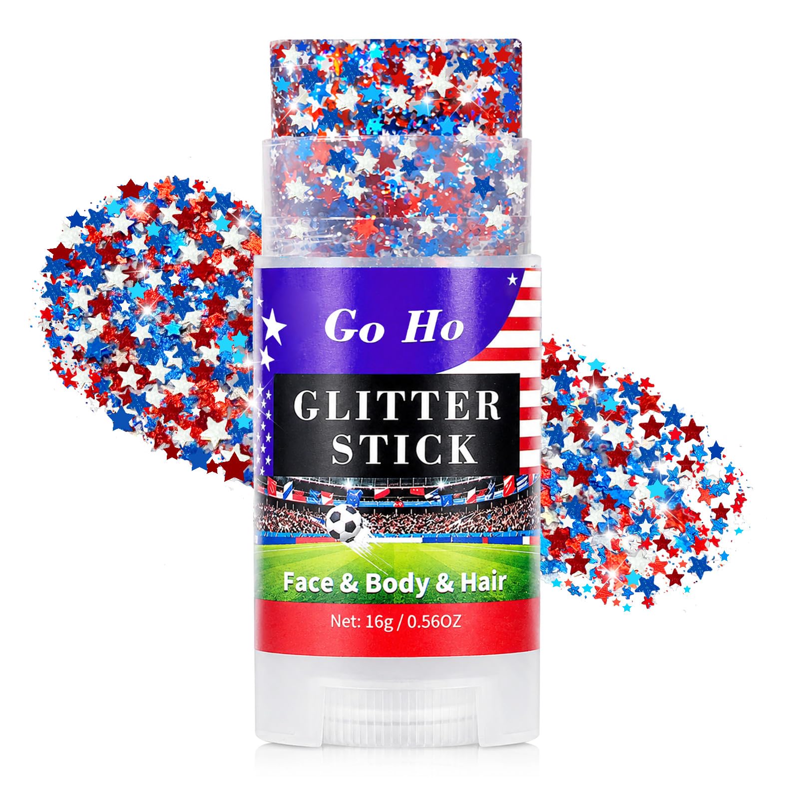 Go Ho Red White and Blue Star Face Glitter Stick,Waterproof Body&Hair Glitter,4th of July Accessories,Patriotic USA Flag Spar