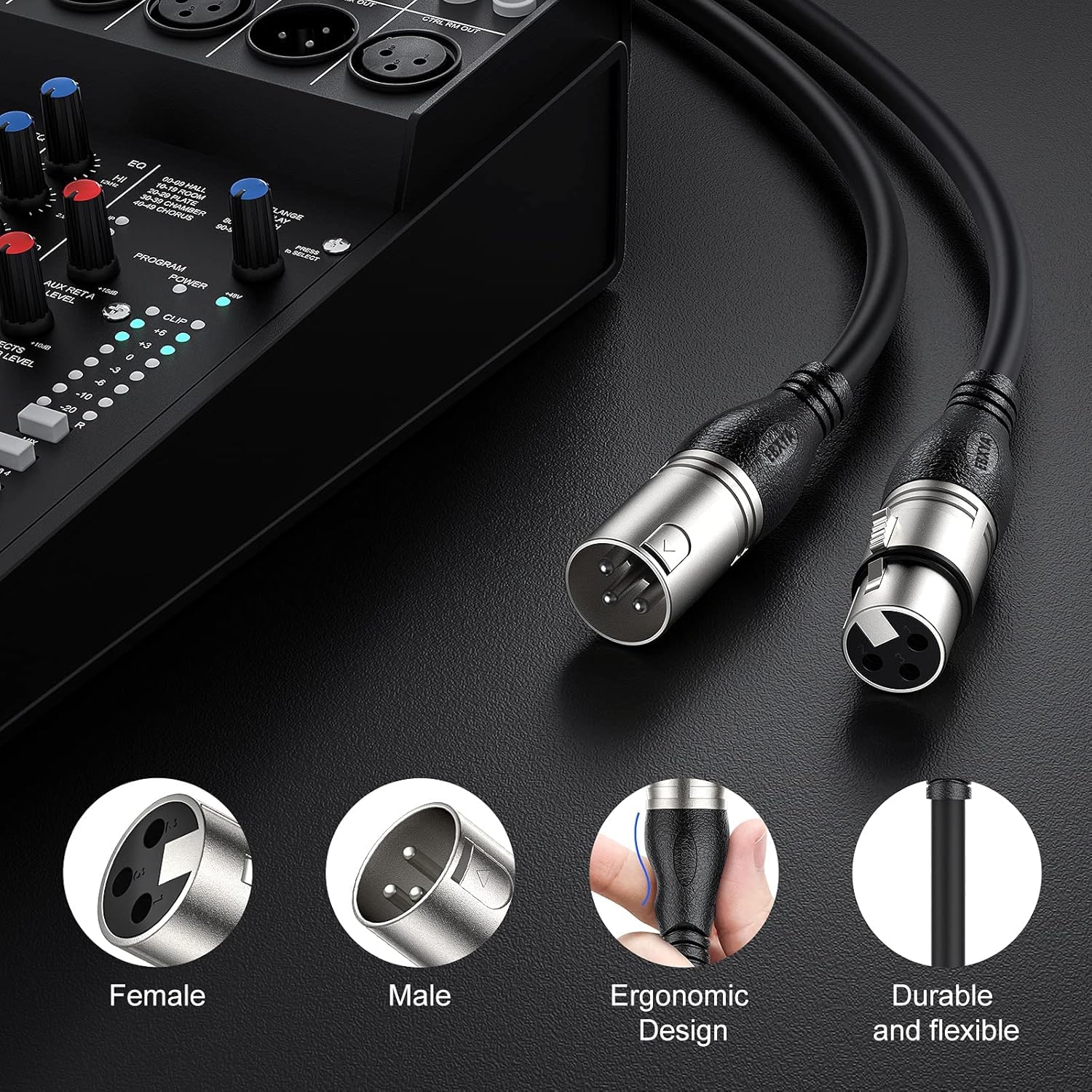 EBXYA XLR Cable 50ft 2 Packs - Premium Balanced Microphone Cable with 3-Pin XLR Male to Female Mic Speaker Cable, Black