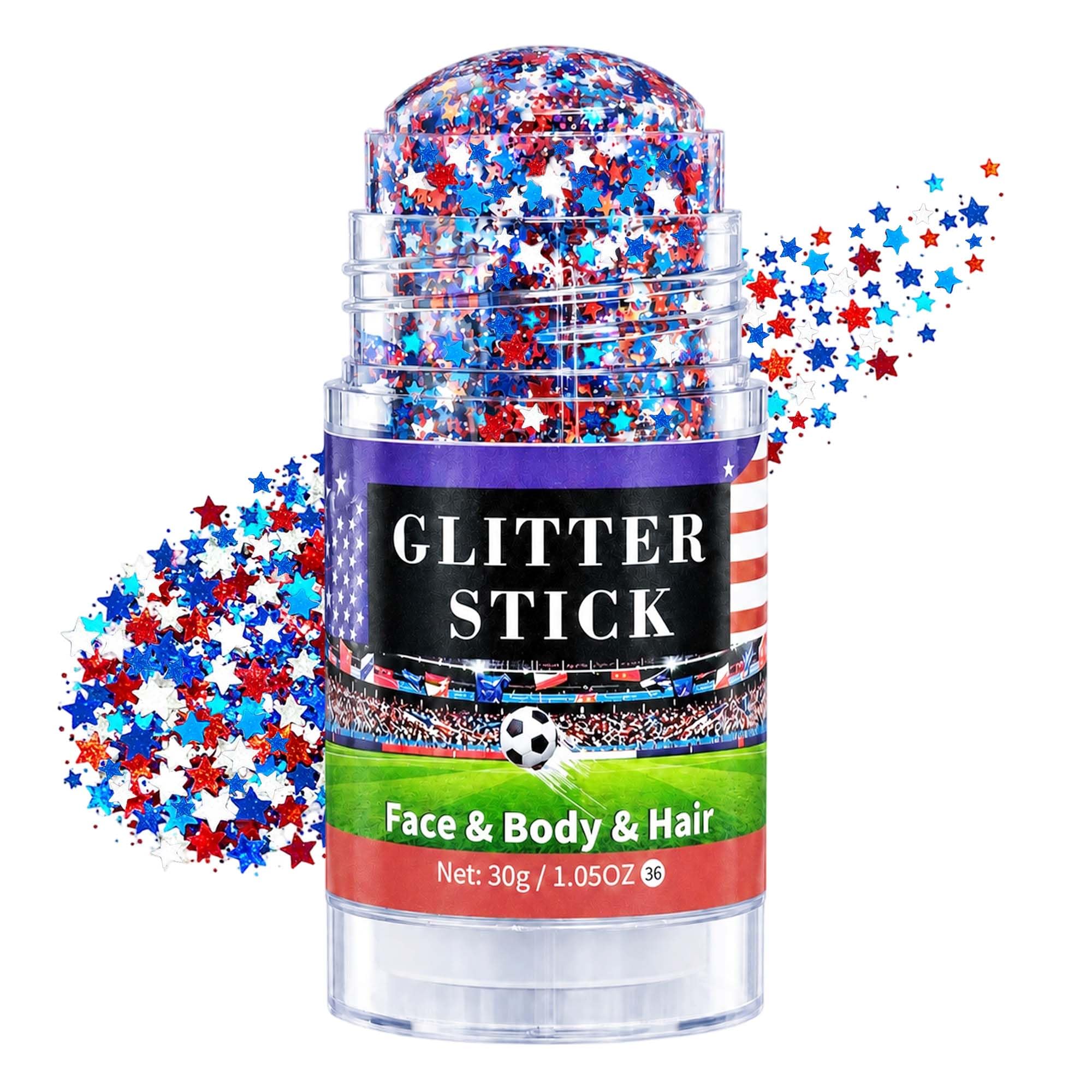 Go Ho Patriotic Red White and Blue Body Glitter Stick, 4th of July Accessories, American Flag Makeup, Sparkle Star Face Hair