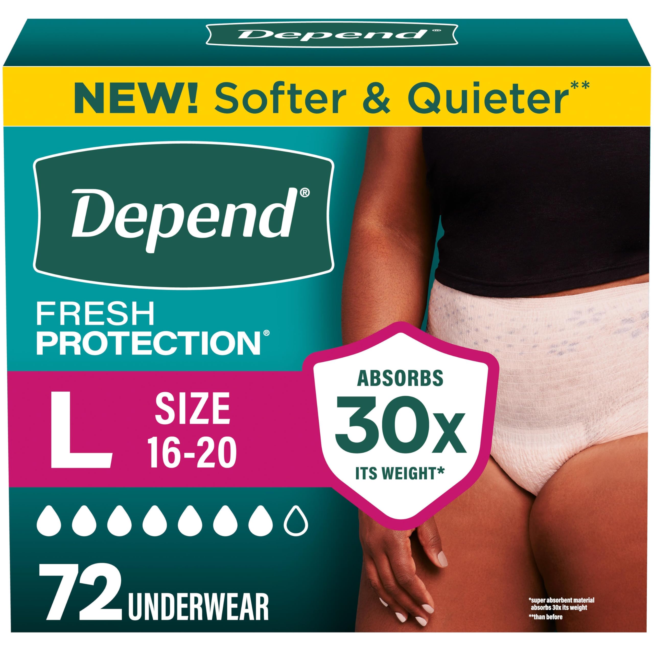 Depend Fresh Protection Adult Diapers, Incontinence Underwear for Women, Disposable, Maximum, Large, Blush, 72 Count (2 Packs