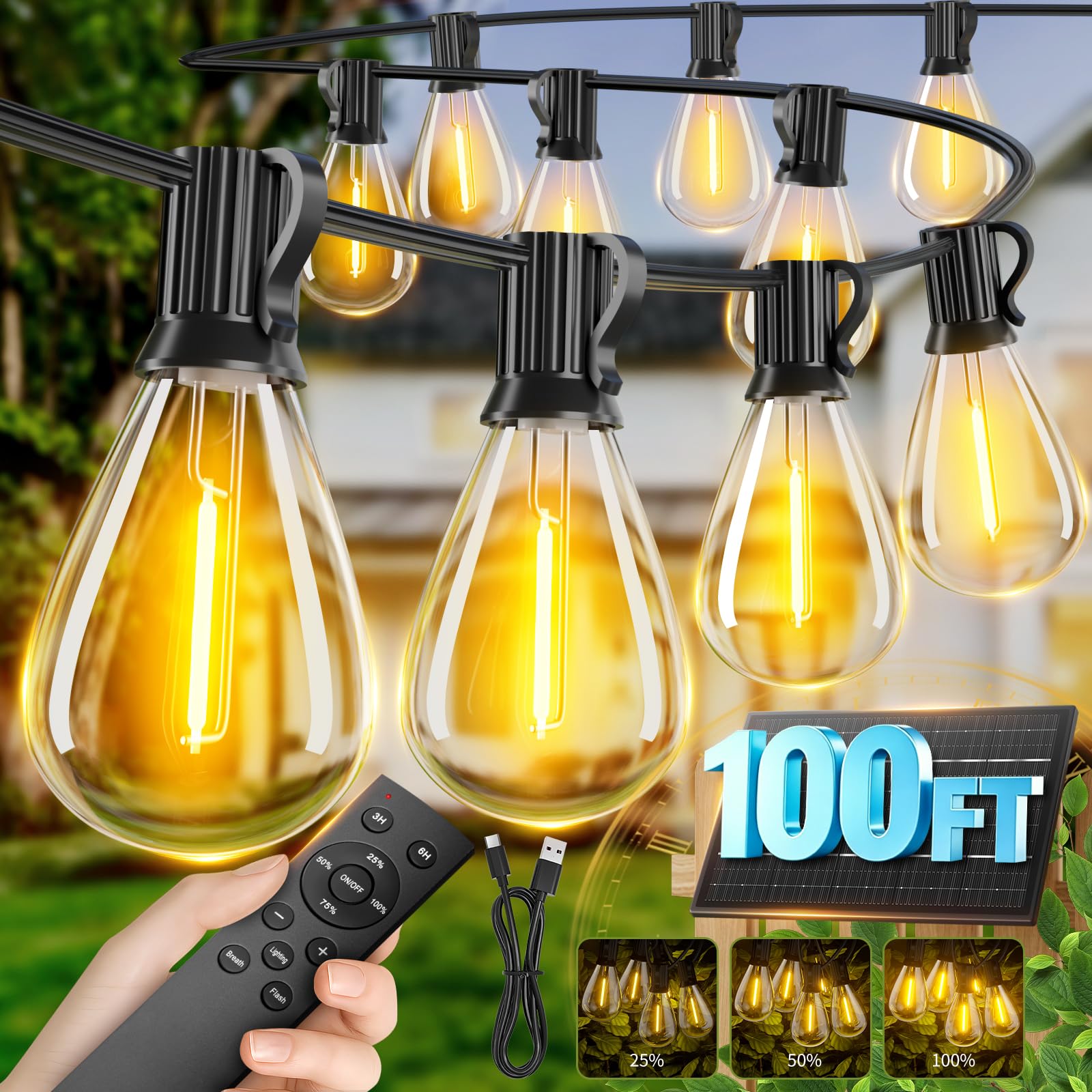 Sikitul 100FT Solar String Lights Outdoor Waterproof, 35+1 LED Solar Powered Lights with Remote Control, 3 Light Modes & Dimm