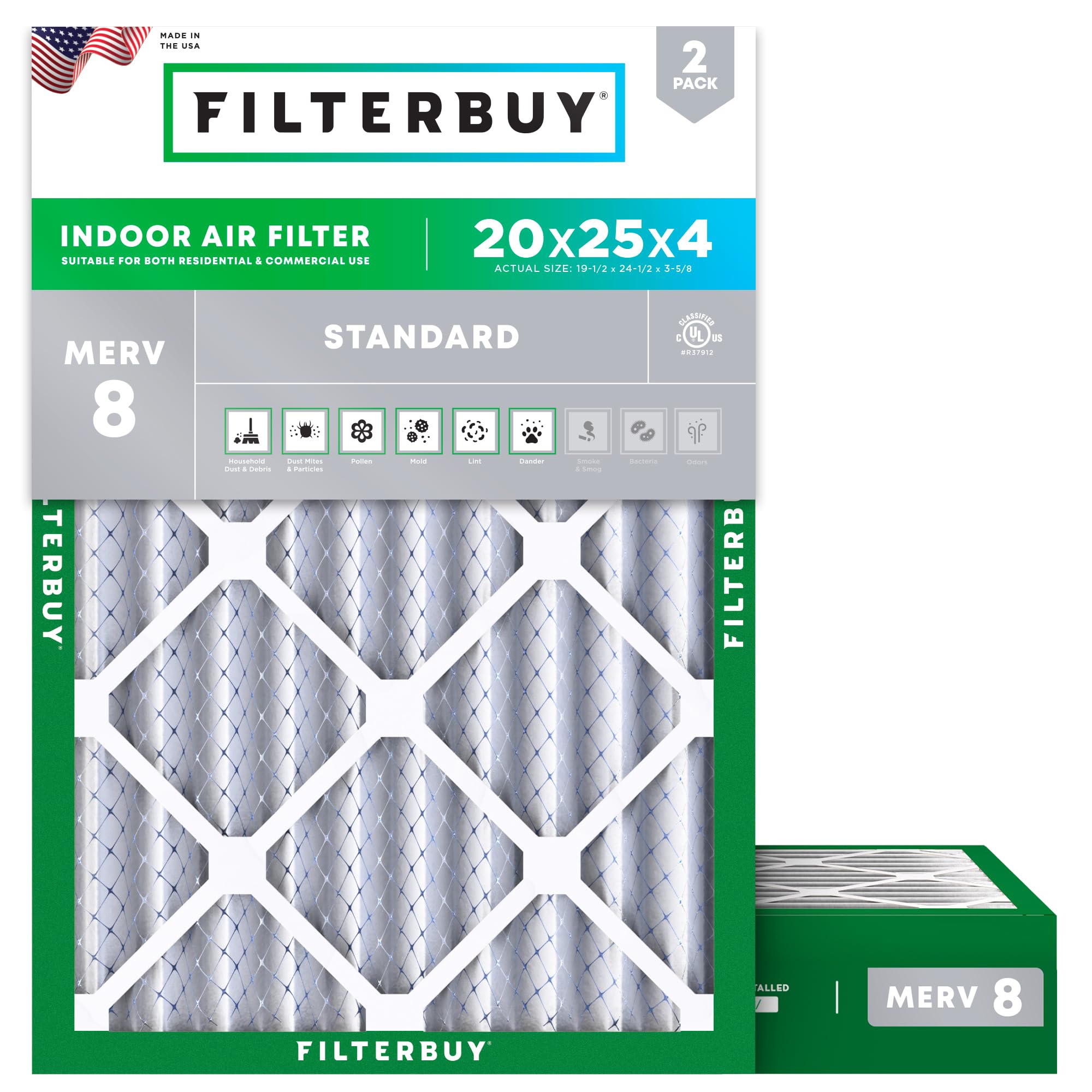 Filterbuy 20x25x4 Air Filter MERV 8 Essential Dust & Allergy Defense (2-Pack), Electrostatic Pleated HVAC AC Furnace Filters