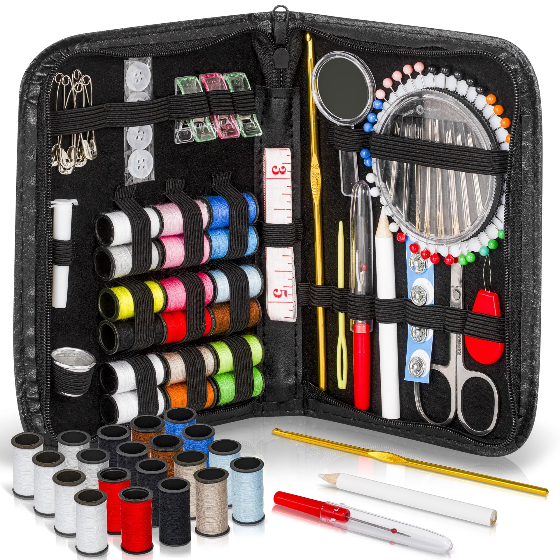 ARTIKA Sewing Kit for Adults and Kids (142 PCS) - Small Beginner Set w/Multicolor Thread, Needles, Scissors, Thimble & Clips