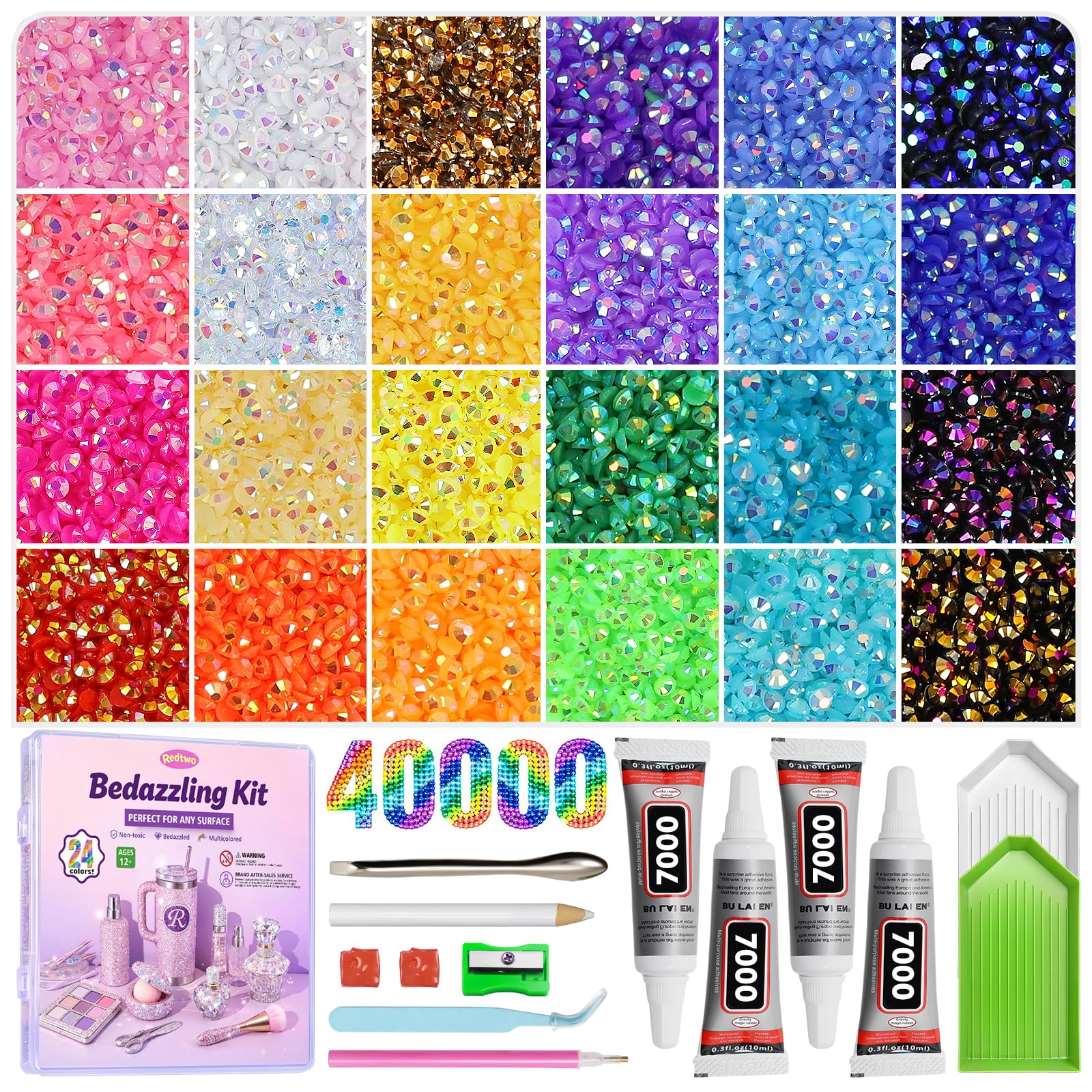 Redtwo 40000Pcs Resin Jelly Rhinestones for Bedazzling, 3mm Multicolor Flatback Rhinestones, Bedazzling Kit with 4Pcs Jewelry