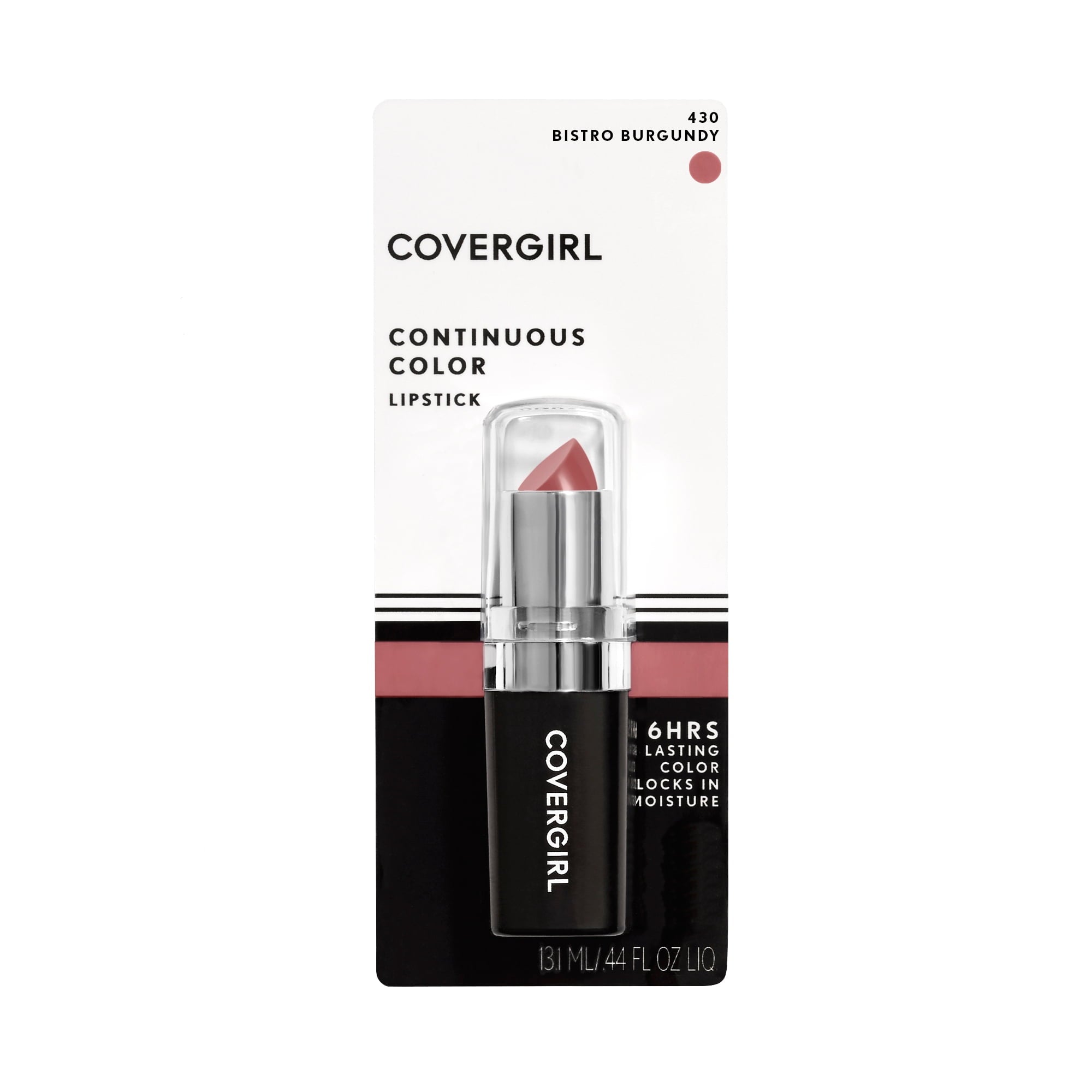 COVERGIRL Continuous Color Lipstick, 430 Bistro Burgundy, 0.13 oz, Moisturizing Lipstick, Long Lasting Lipstick, Extended Palette of Shades, Keeps Lips Soft