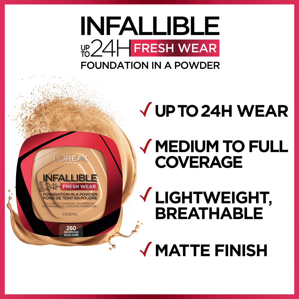 (2 pack) L'Oreal Paris Infallible Fresh Wear 24 Hr Powder Foundation Makeup, 120 Vanilla, 1 fl oz