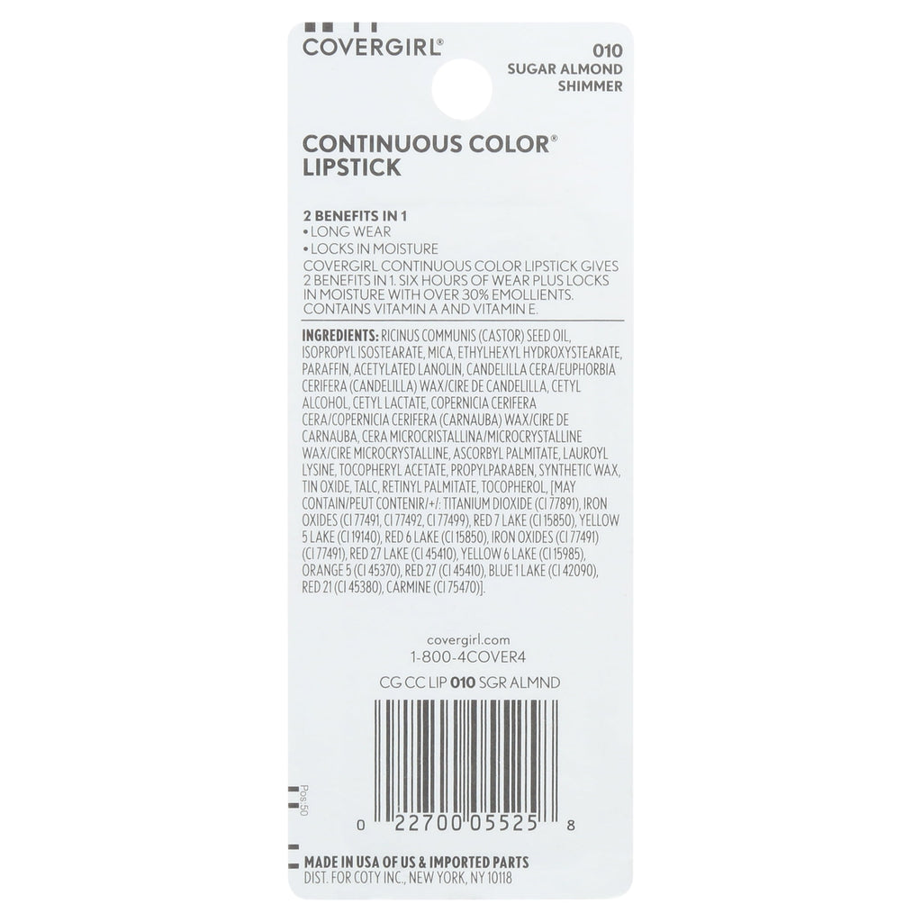 COVERGIRL Continuous Color Lipstick, 10 Sugar Almond, 0.13 oz